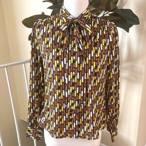 Worthington Geometric Bow Tie Long Sleeve Brown and Yellow Blouse Size Petite S